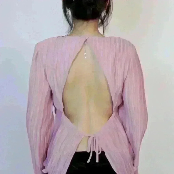 Pink Flowy Sleeve Open Back Blouse Summer - Picture 4 of 4